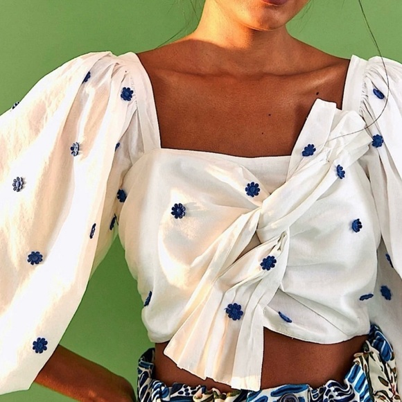 FARM Rio White and Blue Puff Sleeve Crop Top - Picture 9 of 9